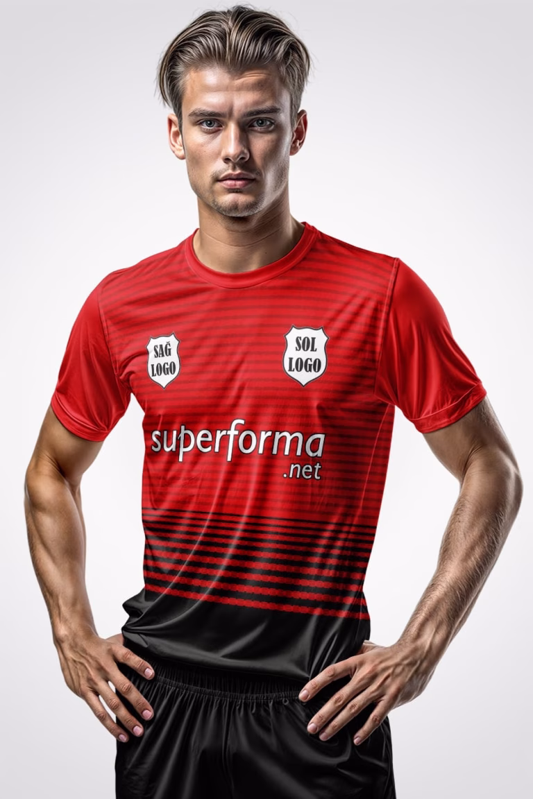 Kırmızı Siyah Çizgili Halı Saha Forma