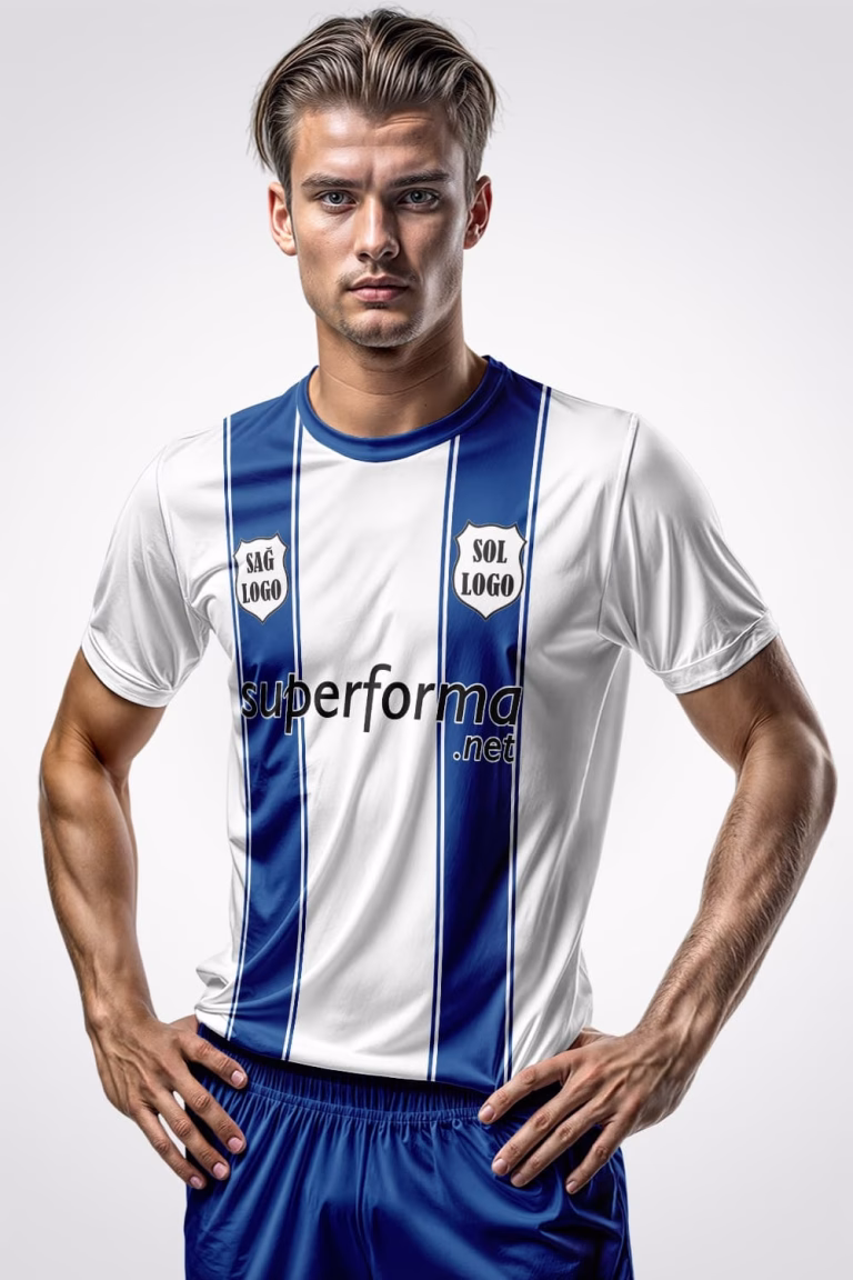 Beyaz Mavi Şeritli Halı Saha Forma