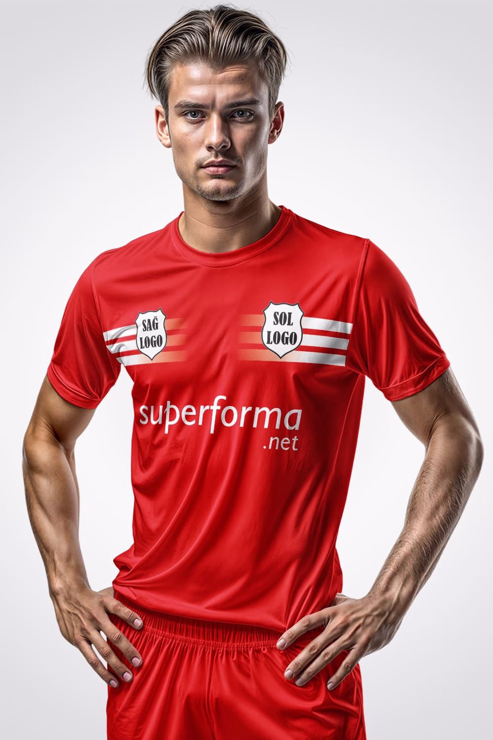 Kırmızı Beyaz Şeritli Halı Saha Forma Kırmızı Beyaz Şeritli Halı Saha Forma