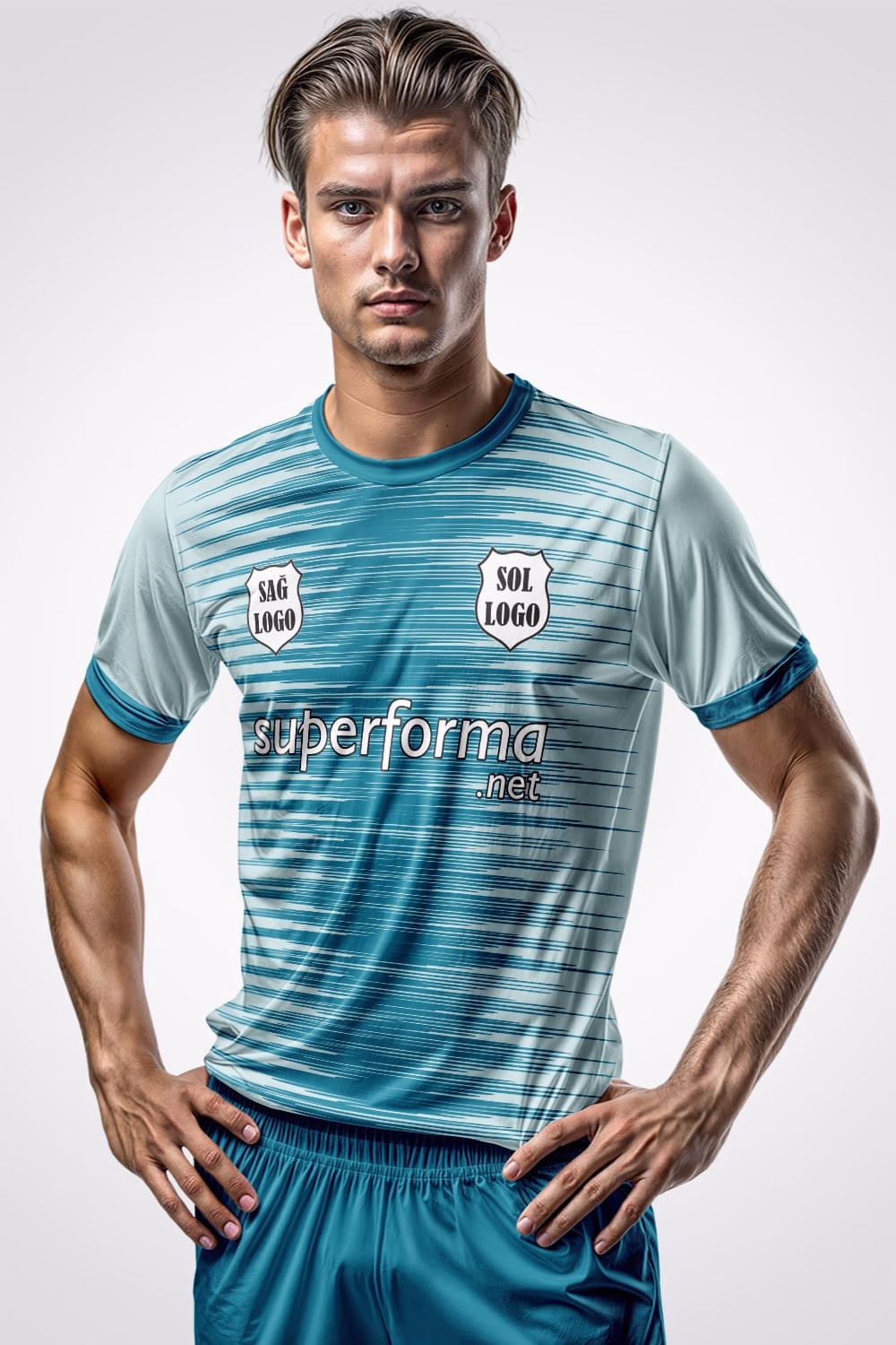 Turkuaz Beyaz Çizgili Halı Saha Forma Turkuaz Beyaz Çizgili Halı Saha Forma